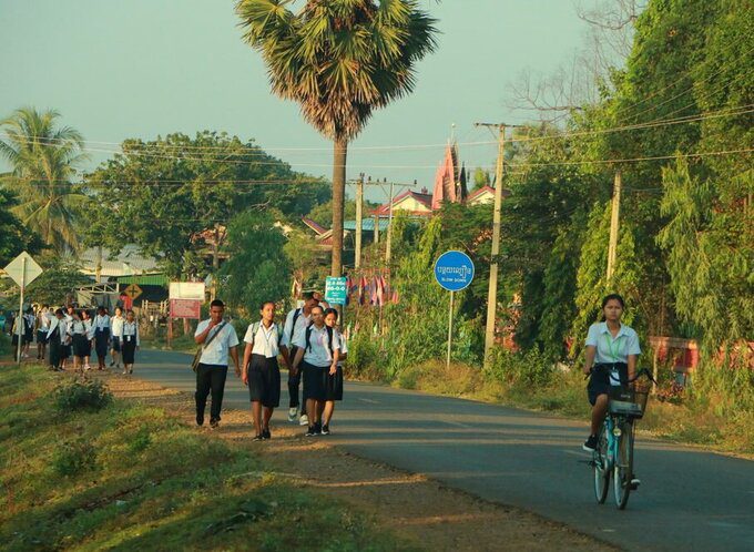 morning walk to school - no school run in rural Cambodia